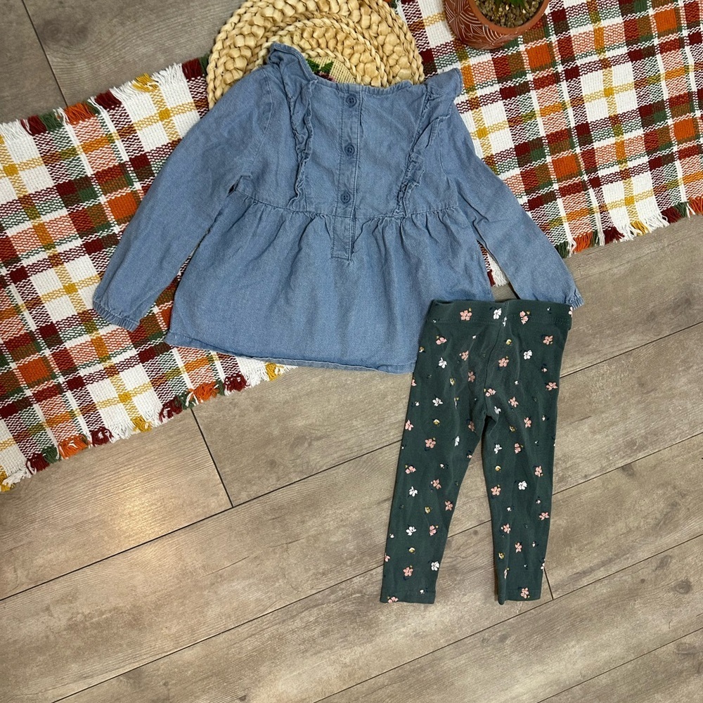 Carter’s 2T Toddler Girl Chambray Blouse & Floral Leggings Outfit Set - Picture 7 of 13